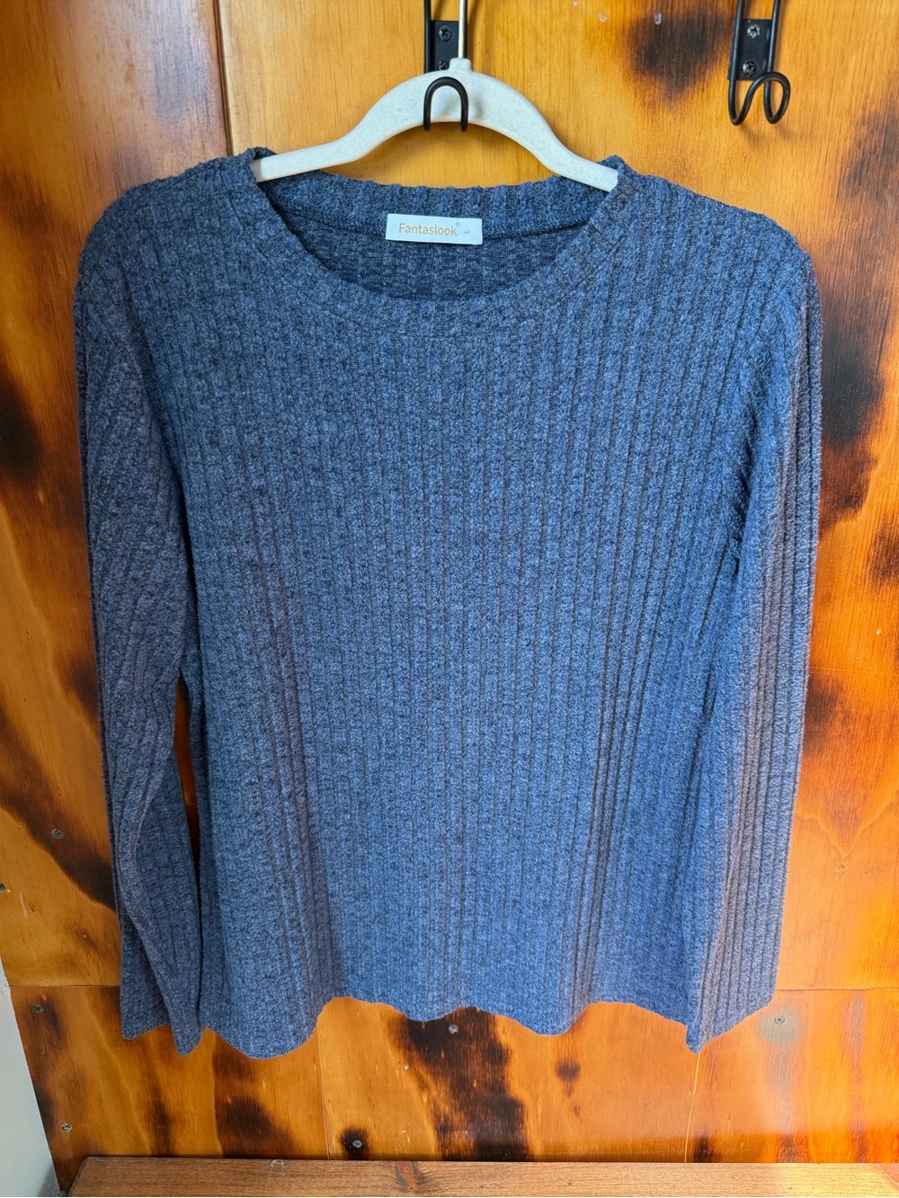 Fantaslook Ribbed Crewneck Long Sleeve Top - Blue